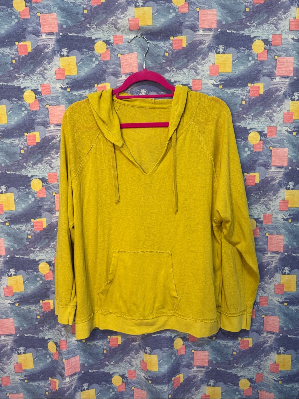 Cozy Yellow V-Neck Hooded Pullover Sweatshirt